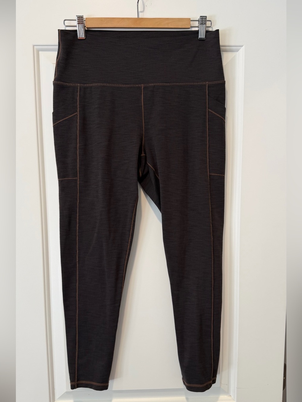 Prana Brown Ribbed Leggings with Tan Contrast Stitching and Side Pocket